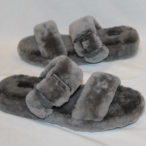 NEW UGG FLUFF SHEARLING BUCKLE SLIPPER SANDALS‎ GRAY 10